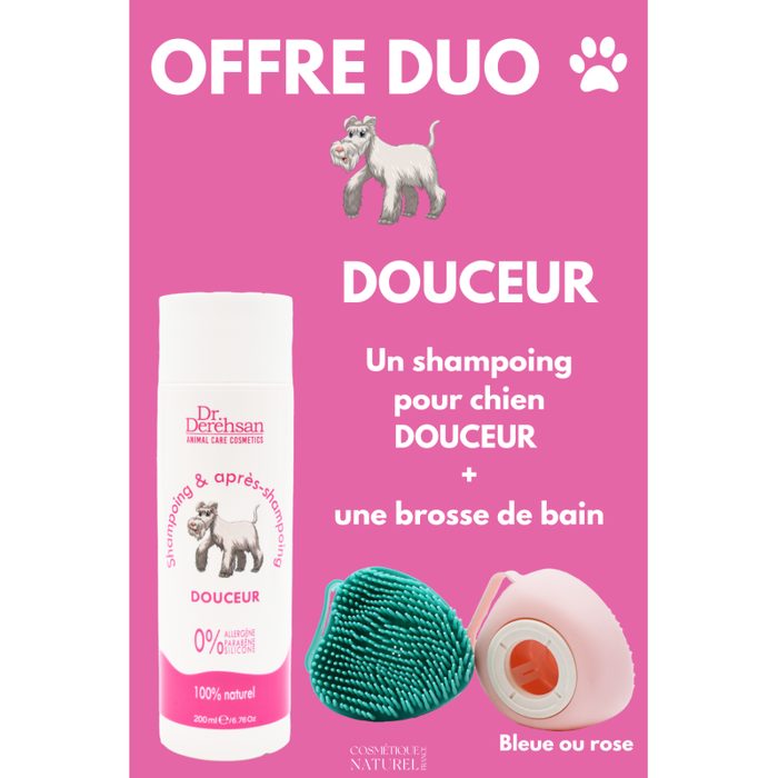 Shampoing pour chien 200ml + brosse de bain - OFFRE DUO - Douceur