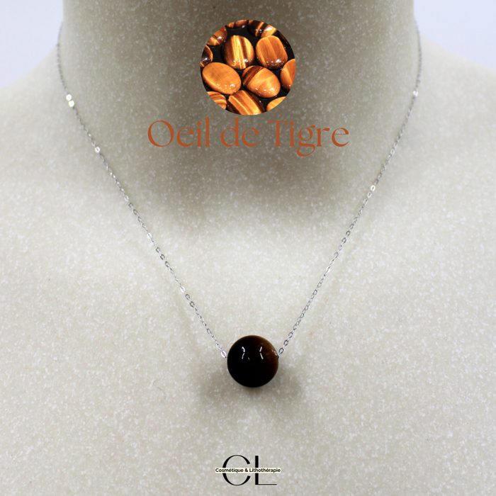 Collier en argent 925 avec pierre Oeil de Tigre AA boule 12mm