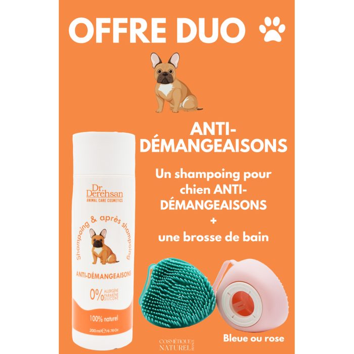 Shampoing pour chien 200ml + brosse de bain - OFFRE DUO - ANTI-DÉMANGEAISONS