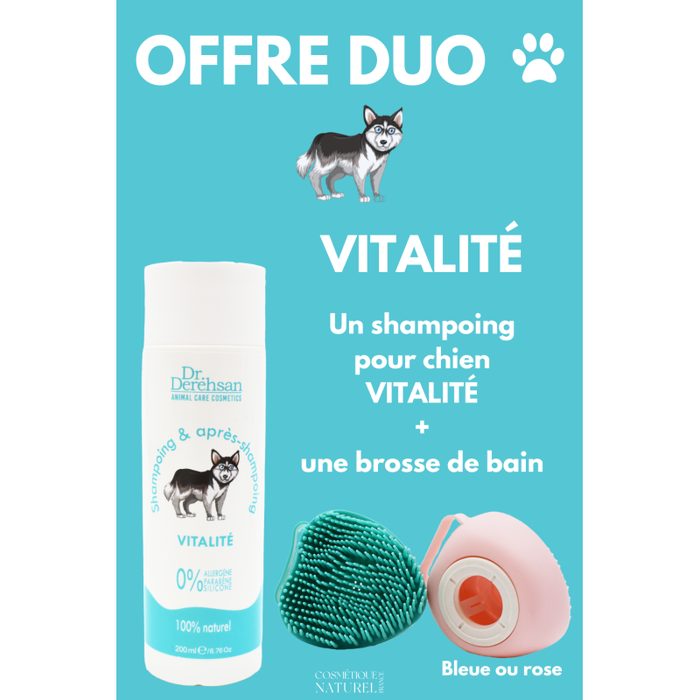 Shampoing pour chien 200ml + brosse de bain - OFFRE DUO - VITALITÉ