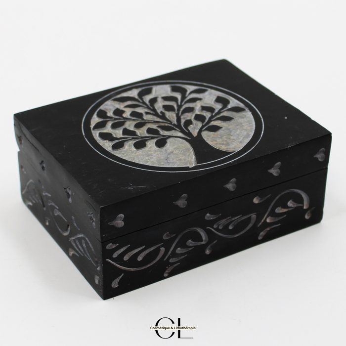 Boîte à bijoux en pierre Saponite rectangle Arbre de Vie 10cm