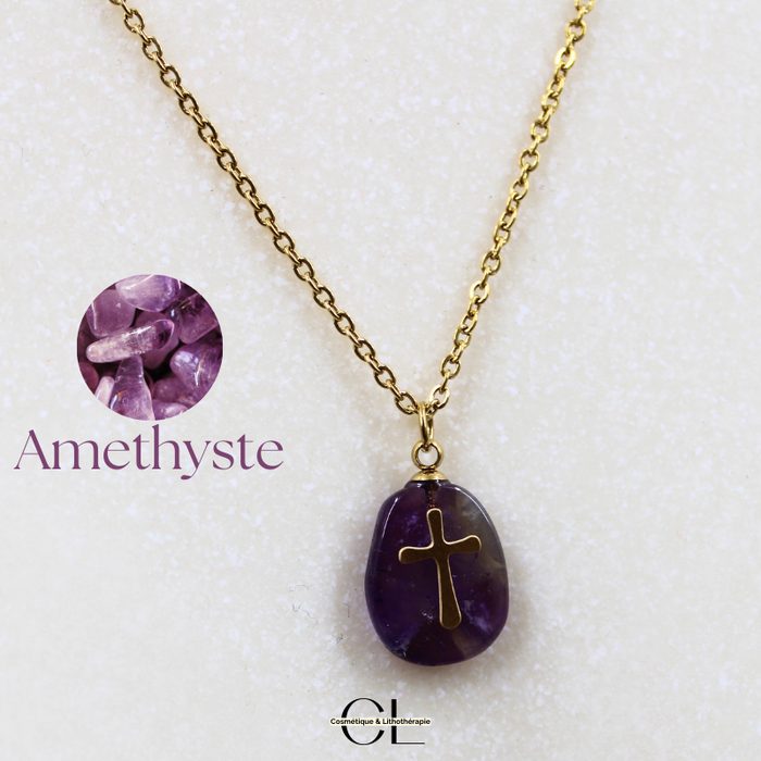 Collier chaine en acier inoxydable doré avec pierre Améthyste A et Croix