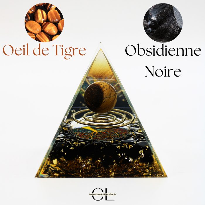 Orgonite pyramide Oeil de Tigre et Obsidienne Noire Arbre de Vie & Spirale